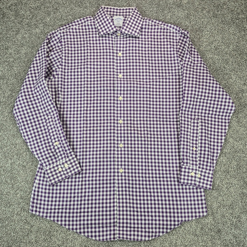 Brooks Brothers Dress Shirt Mens 16 2/3 Purple Gingham Slim Fit Non-Iron Cotton